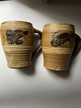 Handcrafted Brown Ceramic Fish Mugs - Set of 2